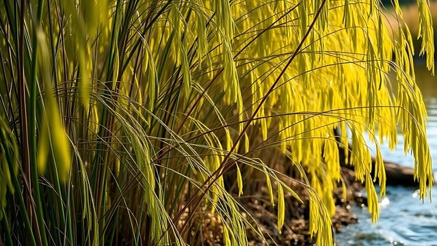 Dense thicket of osier willow branches by riverbank, yellow-green hues in sunlight.