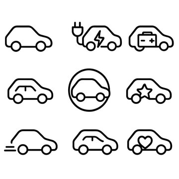 Set of car icons featuring electric, hybrid, and classic designs