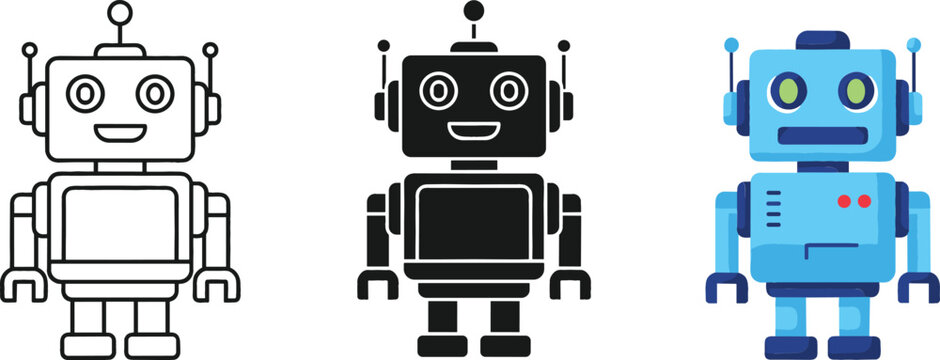 Cartoon robot characters set with outline, black, and colorful styles, cute futuristic technology mascots for kids design, artificial intelligence themes, and digital illustrations