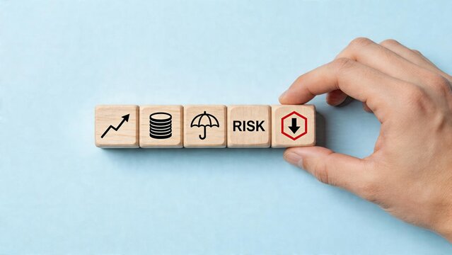 Business man hand holding wooden cube with risk icon reducing financial data security protection shield chart umbrella decreasing down arrow sign for investment management loss