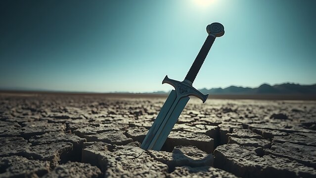 A medieval longsword plunged into cracked earth under sunlight.