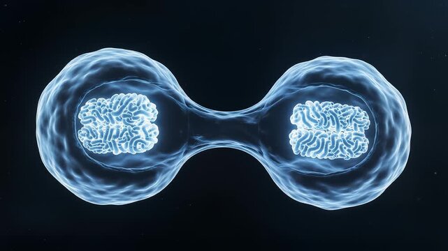 Microscopic cell division process, biological mitosis of glowing blue cells, scientific 3d animation of cellular reproduction and growth