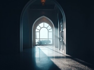 Obraz premium Sunlight streams through arched window. Dark hallway leads to bright, airy space. Floor reflects light with gentle glow. Archways frame depth and mystery. Soft shadows contrast with radiant beams