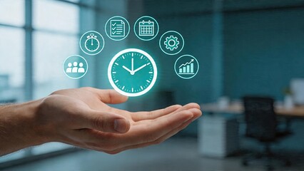 Fototapeta premium Business man holding management concept futuristic interface technology time limit planning goal teamwork success growth strategy digital display work office background abstract