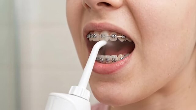 Woman using a water flosser for dental care with braces in a bathroom setting