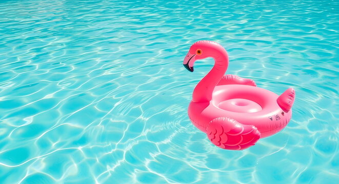 Summer Pool Party Concept with Floating Pink Flamingo
