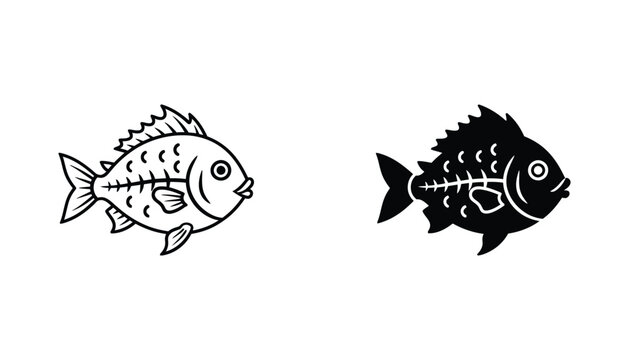 Stylized fish with visible skeleton in line art and solid black silhouette versions for aquatic or seafood themes