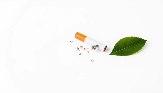 Cigarette butt with scattered tobacco beside green leaf on white surface symbolic contrast highlighting smoking harm environmental pollution and nature health concept clean message scene