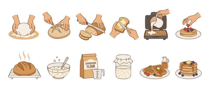 Baking Bread and Making Pancakes Icon Set, Hand Drawn Illustration of Sourdough Preparation, Cooking Processes, Waffle Making, Breakfast Food Recipes for Bakery Menu Design and Culinary Tutorials