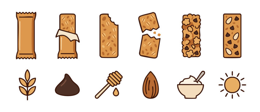 Granola Bars Icon Set, Healthy Snack Food Collection with Oats, Chocolate, Honey and Almonds for Nutrition, Fitness Diet, Breakfast Cereal Energy Bars Vector Illustration on White Background Isolated