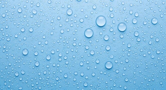 Water droplets fall on a clear blue surface in a natural environment