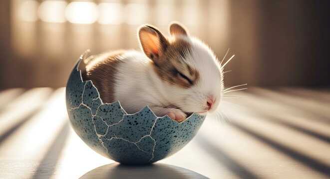 Adorable Newborn Rabbit Hatching from an Egg in Warm Sunlight