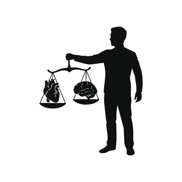 Minimalist black man balancing a heart and a brain on a scale silhouette vector icon
