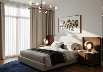 Fototapeta premium Cozy bedroom interior with large window and elegant lighting fixtures