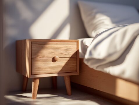 Soft sunlight streams across minimalist wooden nightstand. Calm bedroom scene with cozy bed and natural textures. Wooden drawer and legs add warm, modern charm