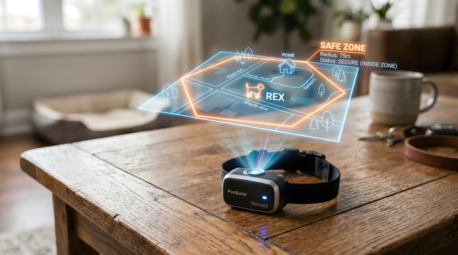 Pet GPS Hologram: A small smart collar resting on a wooden table, projecting a 3D holographic map showing a "Safe Zone" perimeter for a dog.