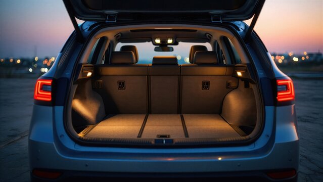 Open suv trunk with warm cargo lights at dusk, spacious vehicle storage area, rear tailgate view in parking lot, travel luggage transport, family road trip preparation, urban evening bokeh