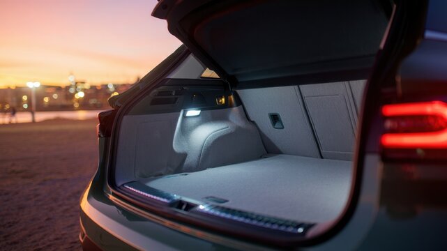 Open empty car trunk with bright interior LED lighting at sunset, spacious clean cargo boot compartment during dusk on city background