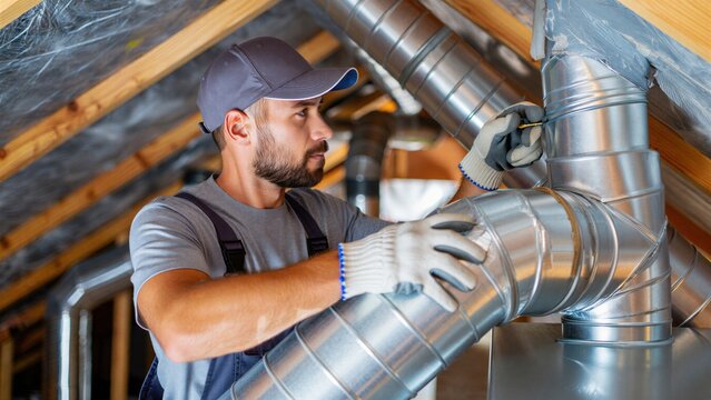 HVAC technician installing metal ventilation duct in attic of residential house, heating ventilation air conditioning system installation maintenance and air duct repair service work