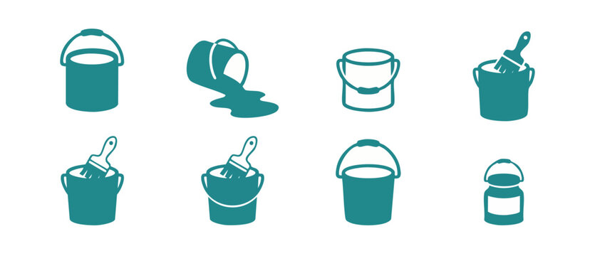 Paint bucket icon set collection, flat vector illustration symbols for renovation and construction design, isolated teal graphics depicting tools for home improvement, interior painting, and maintenan