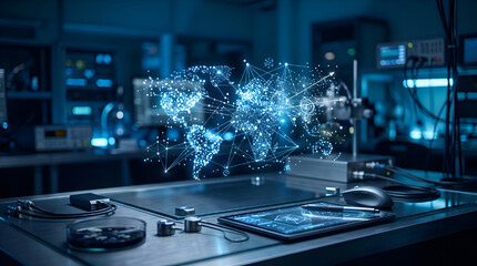 Obraz premium holographic data analysis in futuristic laboratory with blue particle display