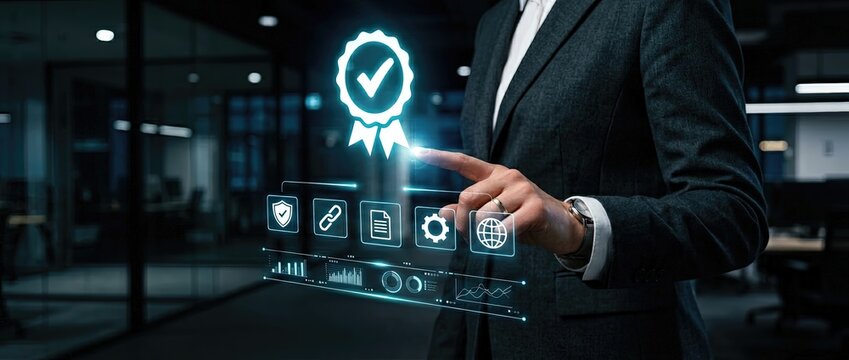 Digital quality assurance action by business professional in modern office environment with innovative technology solutions for enhanced productivity and compliance