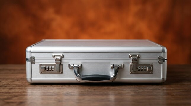 Slim Aluminum Briefcase Silver Aluminum Attach&eacute; Case On Desk Two Combination Locks Visible