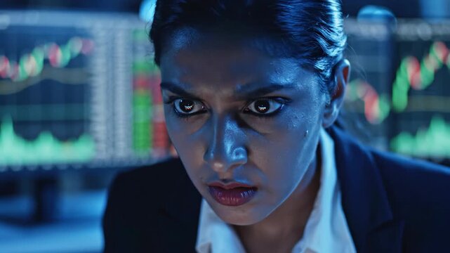 Female Day Trader Staring Intensely At Multiple Monitors Showing Stock Market Charts In Dark Office