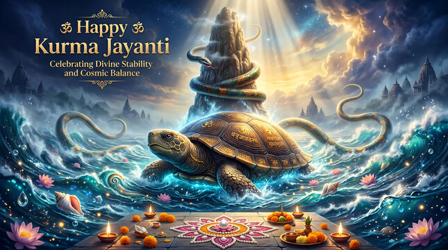 Mythical kurma avatar ascending from cosmic ocean with divine light rays shining down celebrating stability and cosmic balance amidst fiery sky and floral decorations