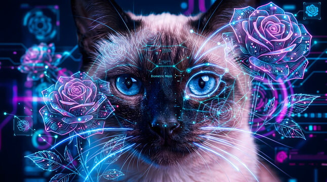 Animal Face ID: Macro shot of a Siamese cat&rsquo;s face with a glowing digital "Biometric Mesh" overlay, blue "Electric Pulse" lines mapping whiskers and eyes. High-tech "Cyber Rose" background.