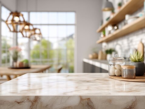 Smooth marble countertop with warm, natural tones. Glass jar and succulent sit on wooden tray. Modern kitchen features soft, bright lighting. Open shelves display clean, minimalist decor