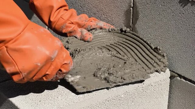 Masonry worker man in his 30s wearing orange protective gloves spreads wet mortar on a concrete block at a construction site.