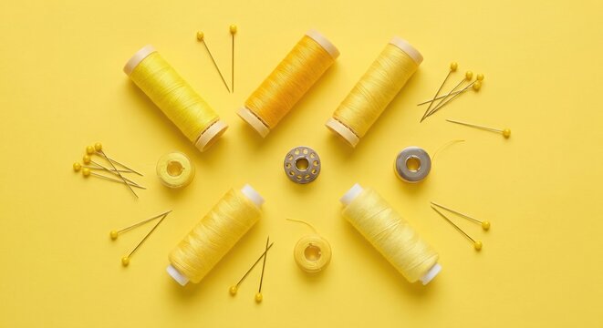 Yellow sewing thread spools, pins, and bobbins arranged in a circle on a yellow background. Minimalist monochromatic flat lay for tailoring, needlework, and handmade hobby concept