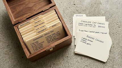 Naklejka premium Index Card Box Wooden Index Card Recipe Box With Tabbed Dividers And A Card Peeking