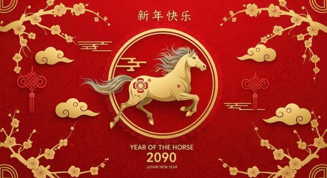 Red horse icon with golden horse shoe on chinese new year 2090 stamp illustration