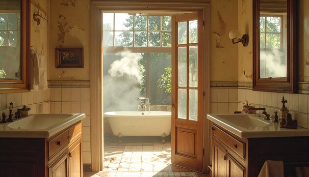 Luxurious Bathroom with Natural Light and Garden View.