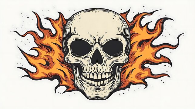 Detailed illustration of a human skull featuring bold black outlines and stylized orange flames surrounding the cranium for a classic gothic style tattoo art design concept