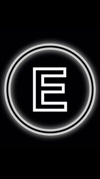 Animated white letter E inside neon circle on black background. Letter E alphabet capital. Radiant white capital E inside a vibrant neon circle with smooth illumination and subtle animation.