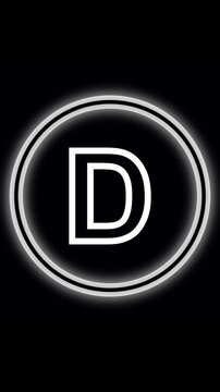 Glowing animated white letter D inside double ringed circle. Letter D alphabet character. Shining white letter D within twin illuminated rings with elegant rotation and smooth glow animation.