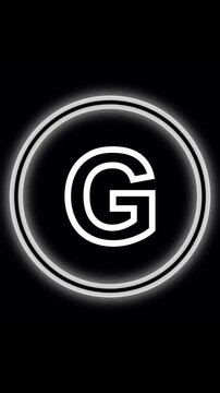 Animated white letter G inside neon circle on black background. Letter G alphabet capital. Neon-lit ring surrounding an animated glowing white G with refined pulsing shine alphabet design.