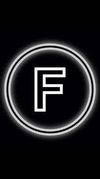 Animated white letter F inside neon circle on black background. Letter F alphabet capital. Luminous animated letter F placed within a neon ring showing elegant glowing effects alphabet style.
