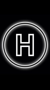Animated white letter H inside neon circle on black background. Letter H alphabet capital. Glowing white capital H surrounded by a bright neon circle with flowing light motion graphic.