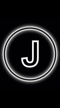 Animated white neon letter J inside double circle outline. Letter J alphabet character. Shining white neon J enclosed in two glowing circular outlines with gentle motion alphabet character.