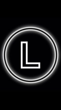Animated white neon letter L inside double circle outline. Letter L alphabet character. Radiant white neon L centered in two circular outlines with smooth animated light effects alphabet.