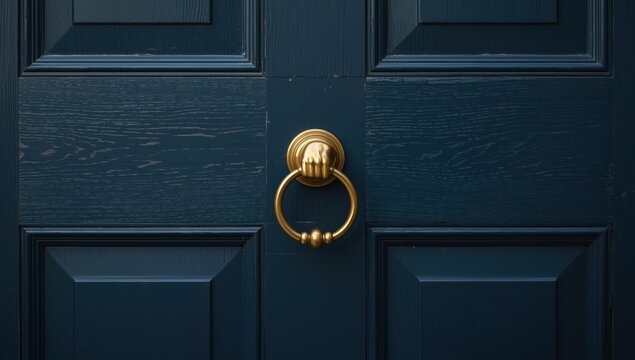 A close-up view of a classic dark blue wooden door featuring a polished brass round door knocker, showcasing craftsmanship and elegance