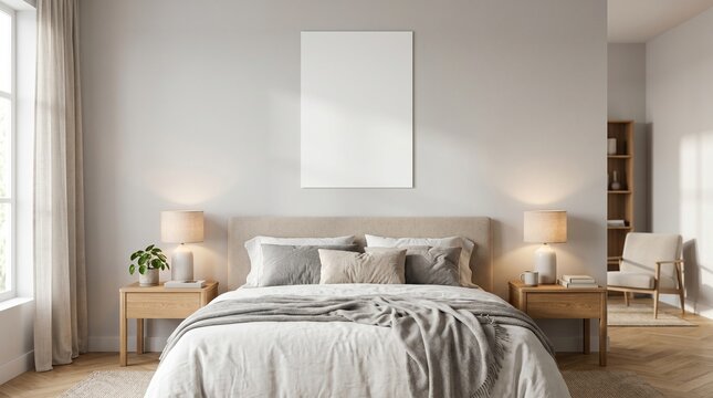 Blank vertical poster frame hanging on the wall above a cozy bed in a modern bright minimalist bedroom interior space