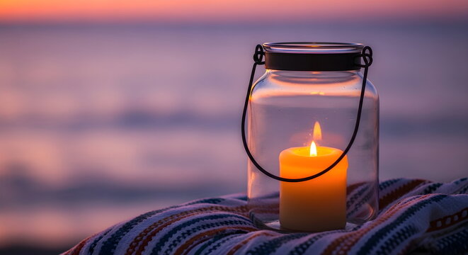 Romantic Beach Sunset with a Glowing Candle Lantern on a Blanket
