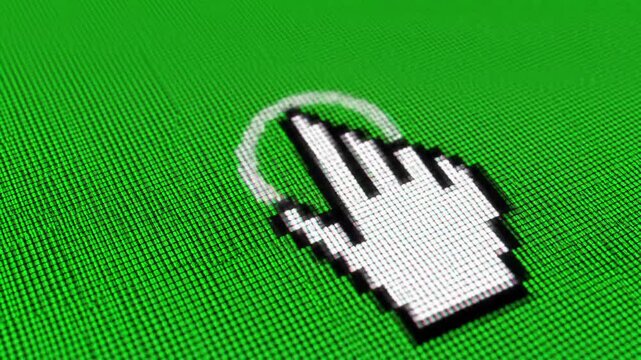 A pixelated white computer mouse cursor precisely navigates and clicks on a vibrant digital green screen background, creating a luminous expanding circle. Modern retro-futuristic UI/UX concept