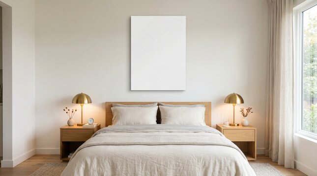 Blank white vertical poster frame hanging on a beige bedroom wall above a comfortable bed with matching wooden side lamps