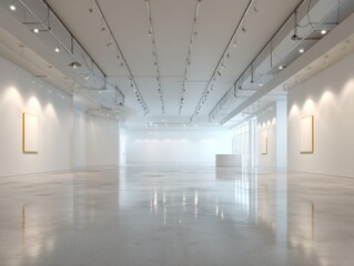 Naklejka premium Empty gallery space with polished concrete floor. Clean white walls reflect overhead track lighting. Modern minimalist design emphasizes architectural lines